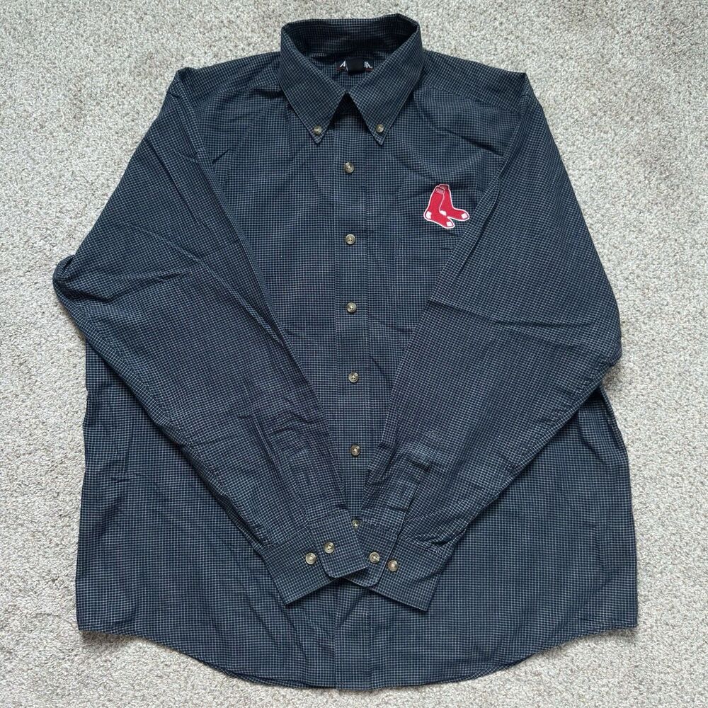 Antigua Boston Red Sox Shirt Men Navy Ty No Check Button Up Long Sleeve MLB
